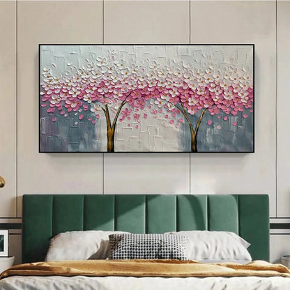 Spring Blossom hand-painted white and pink textured blossom tree painting shown with black frame