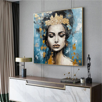 Blue and Gold Figurative Oil Painting – Golden Muse