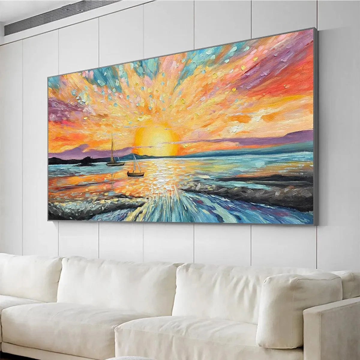Sailing At Sunset hand-painted ocean blue, ivory and soft neutral tones textured sailboat seascape painting shown with wood frame