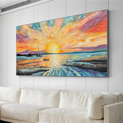 Sailing At Sunset hand-painted ocean blue, ivory and soft neutral tones textured sailboat seascape painting shown with wood frame