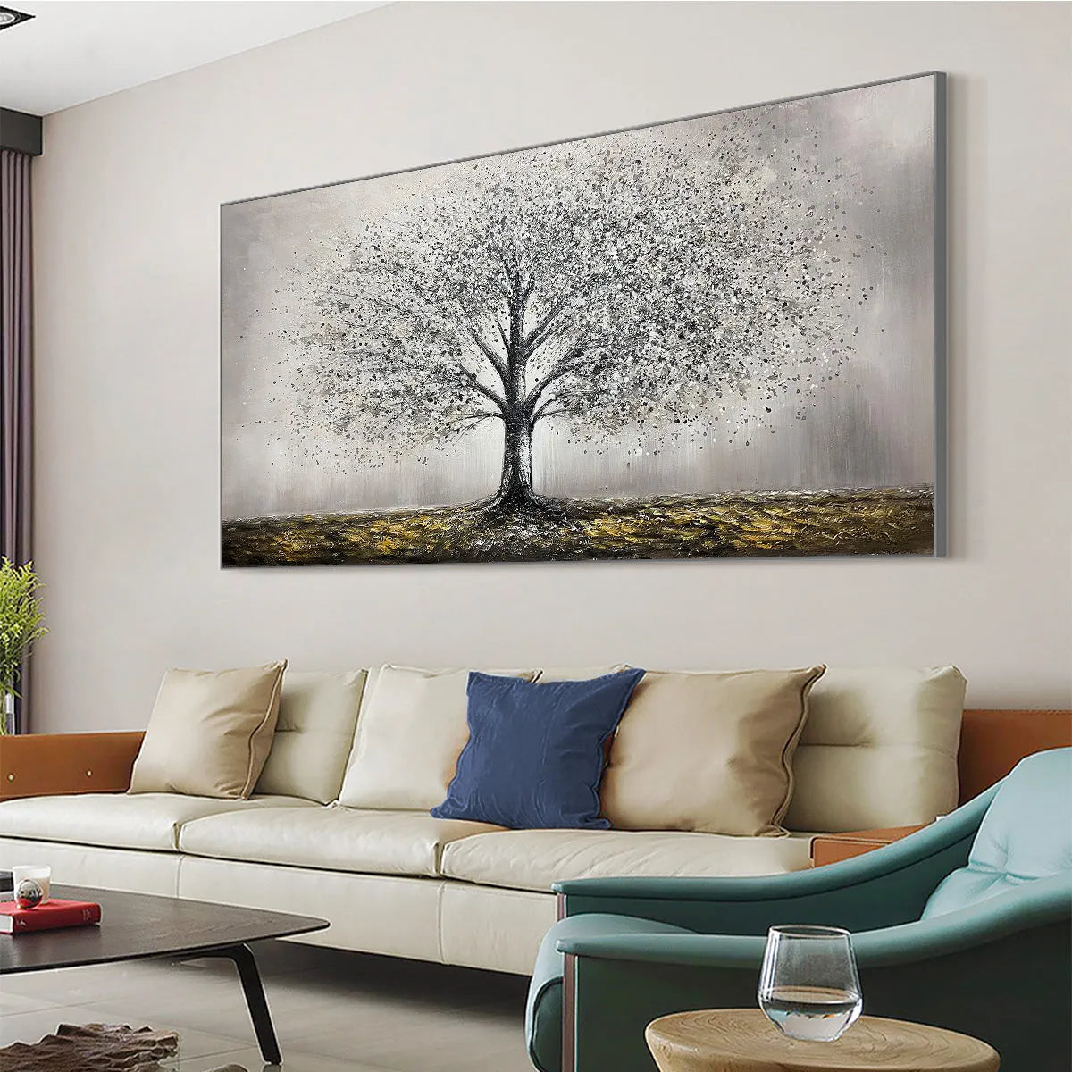 Golden Roots hand-painted gold and ivory textured tree painting shown with black frame