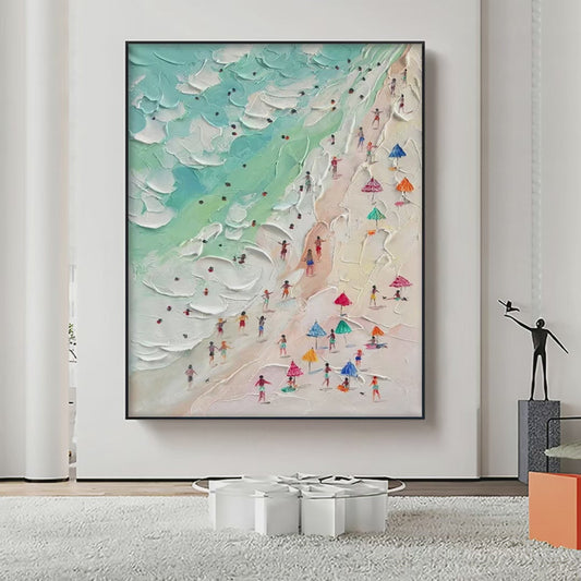 Beach Day hand-painted ocean blue, ivory and soft neutral tones textured beach scene painting shown as stretched canvas