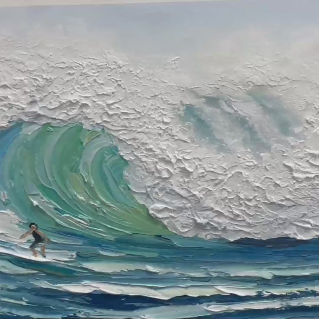 Emerald Surge hand-painted ocean blue and emerald green textured surfer ocean painting shown with gold frame