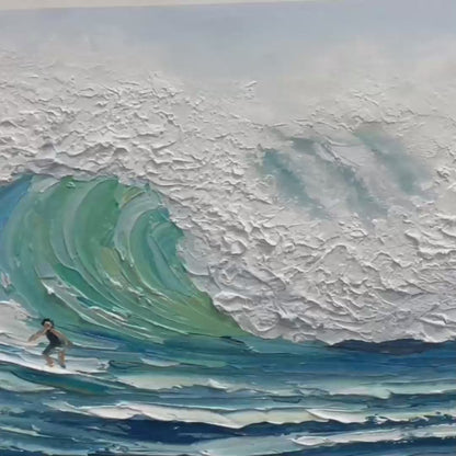 Emerald Surge hand-painted ocean blue and emerald green textured surfer ocean painting shown with gold frame
