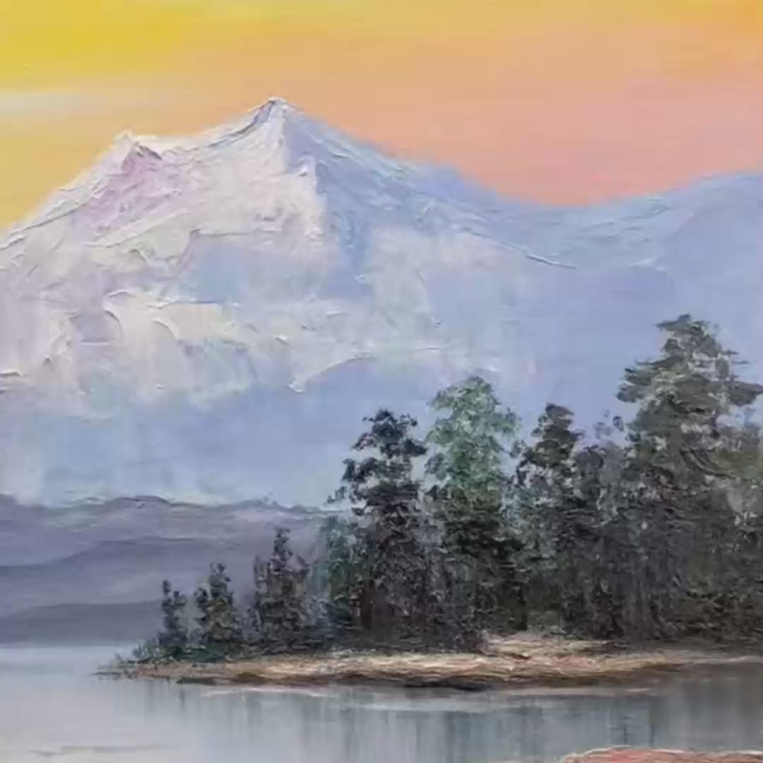 Autumn Serenade hand-painted gold and ivory textured mountain lake painting shown with gold frame