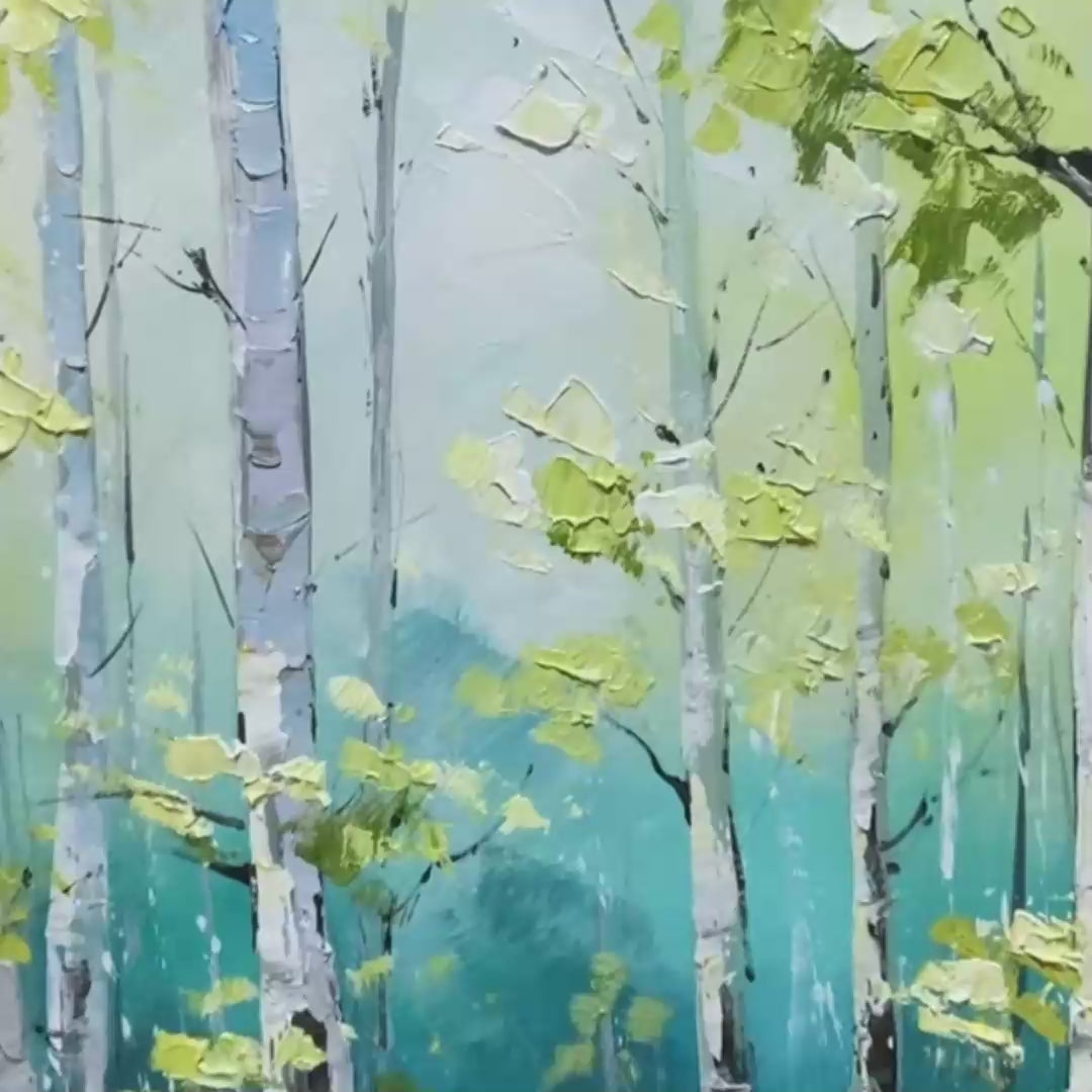 Aspen Grove hand-painted green and yellow textured forest landscape painting shown with gold frame