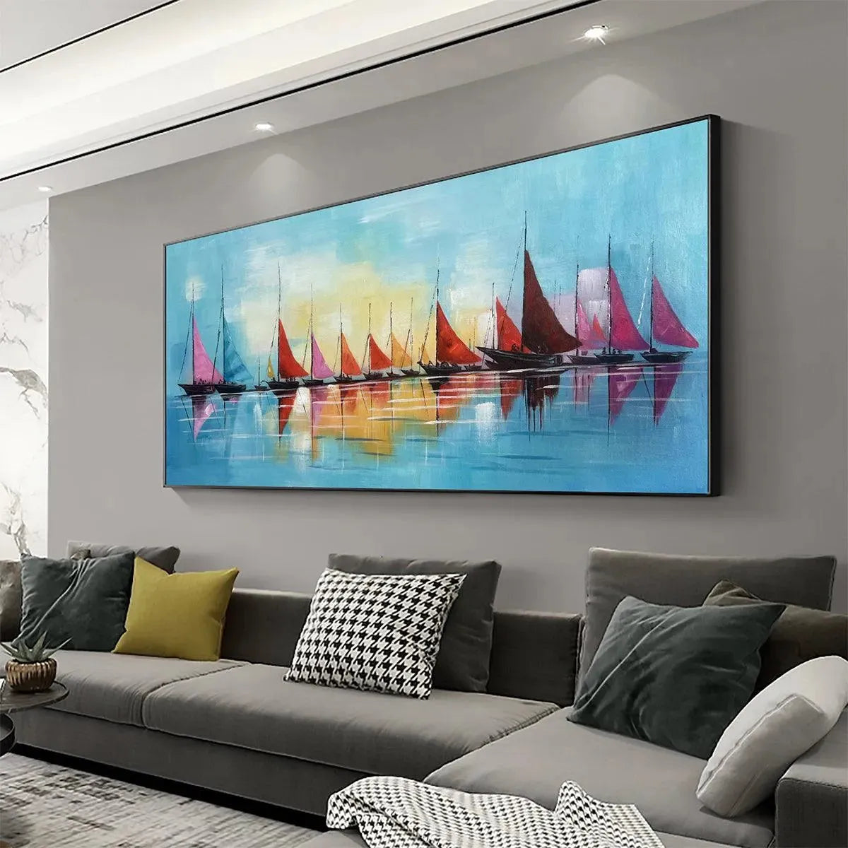 Regatta hand-painted ocean blue and orange textured sailboat seascape painting shown as stretched canvas