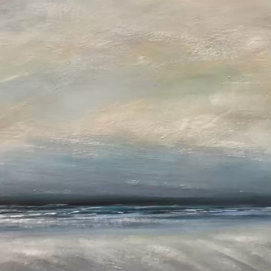 Twilight Coast hand-painted ocean blue, ivory and soft neutral tones textured sunset seascape painting shown with gold frame