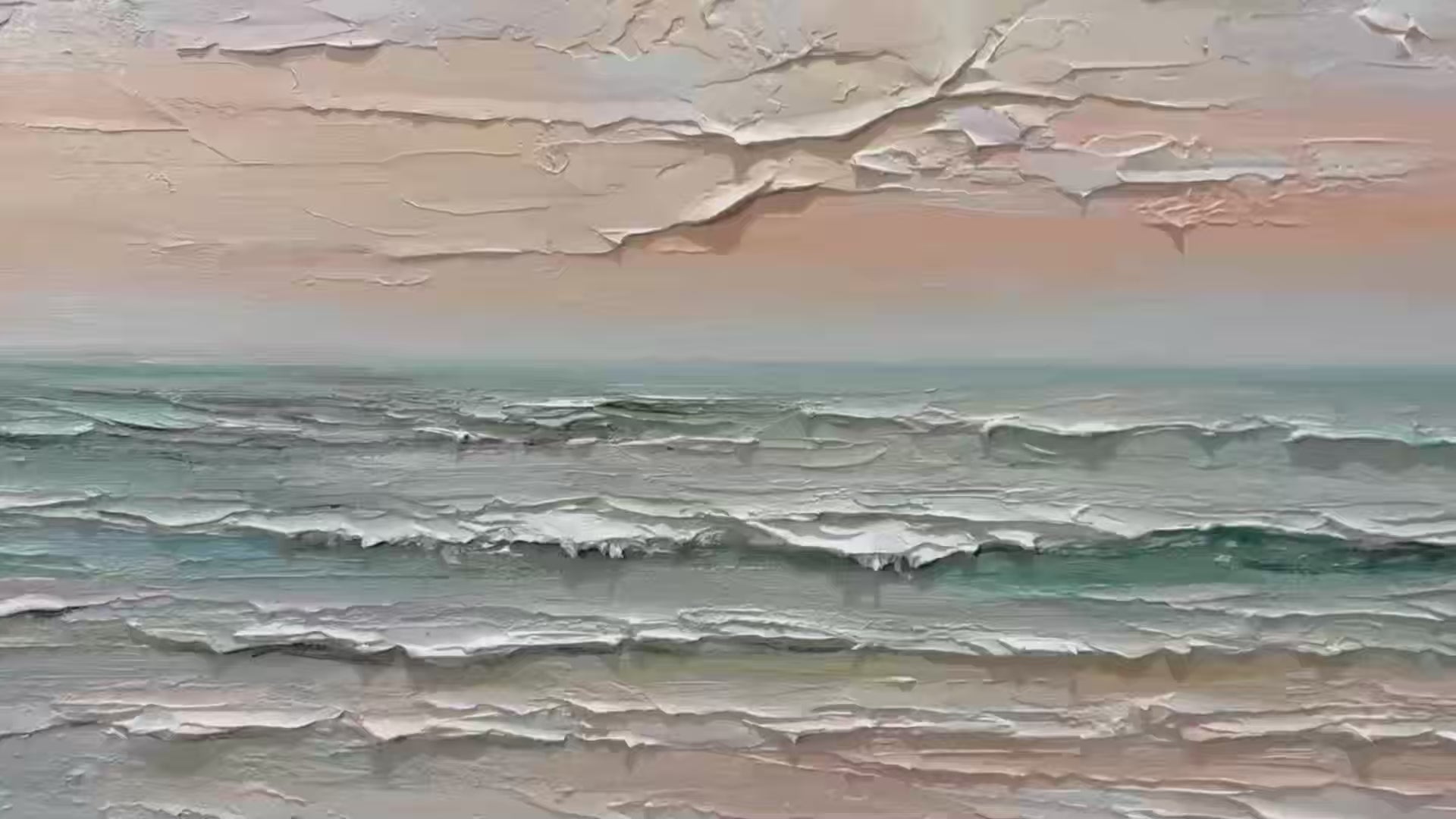 Coastal Serenity hand-painted ocean blue, ivory and soft neutral tones textured seascape painting shown with gold frame