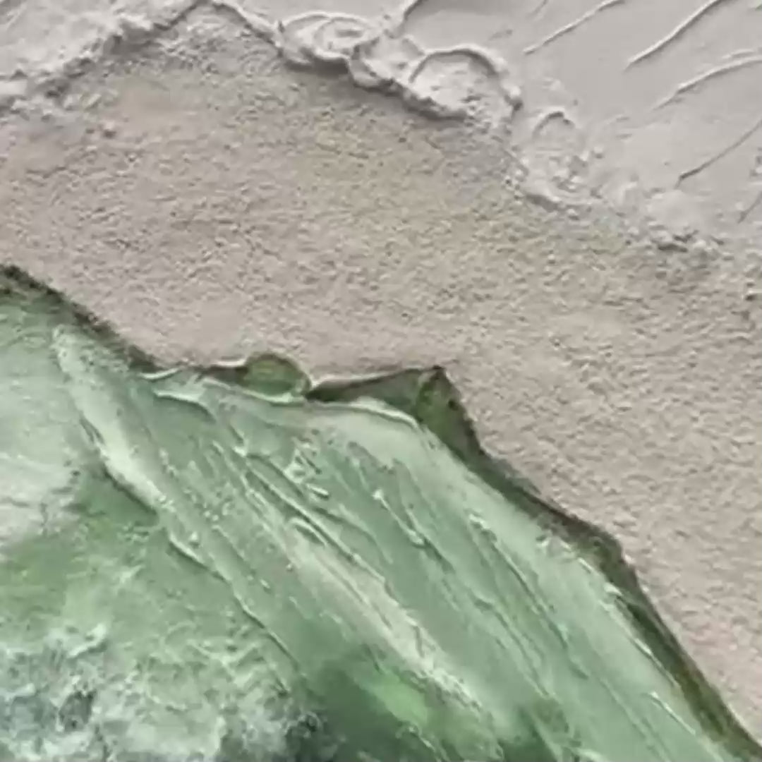Sage River hand-painted white and sage green textured coastal landscape painting shown with gold frame