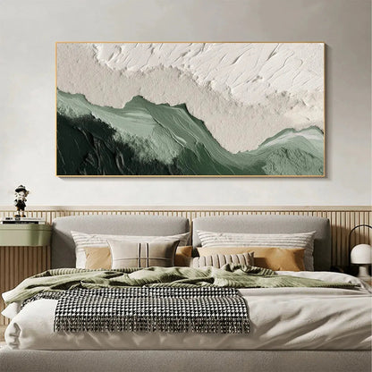 Sage River hand-painted white and sage green textured coastal landscape painting shown with black frame