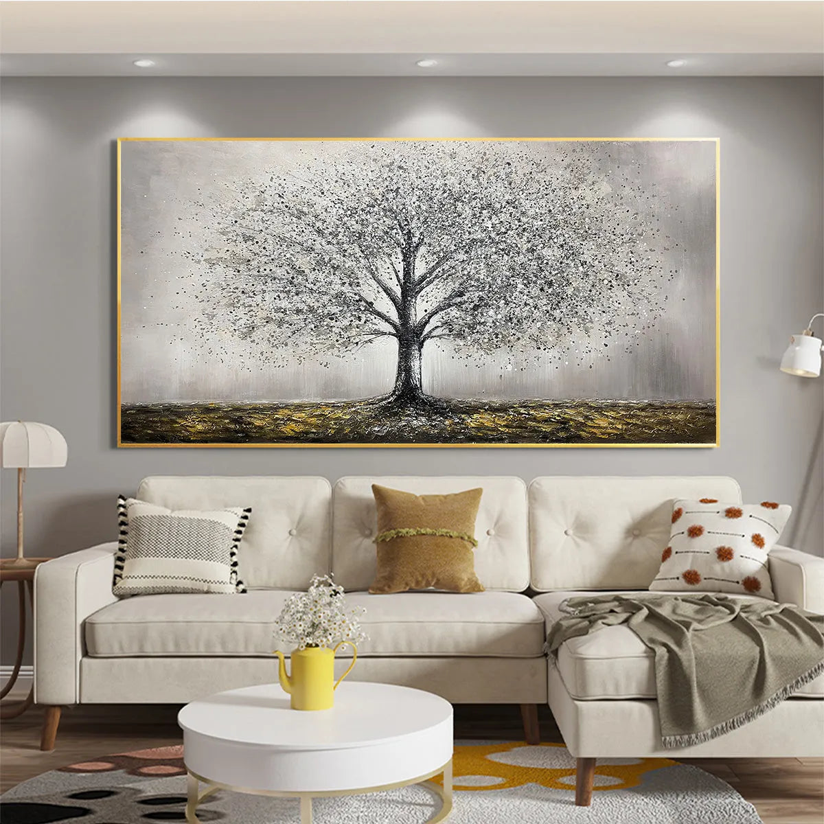 Golden Roots hand-painted gold and ivory textured tree painting shown with wood frame