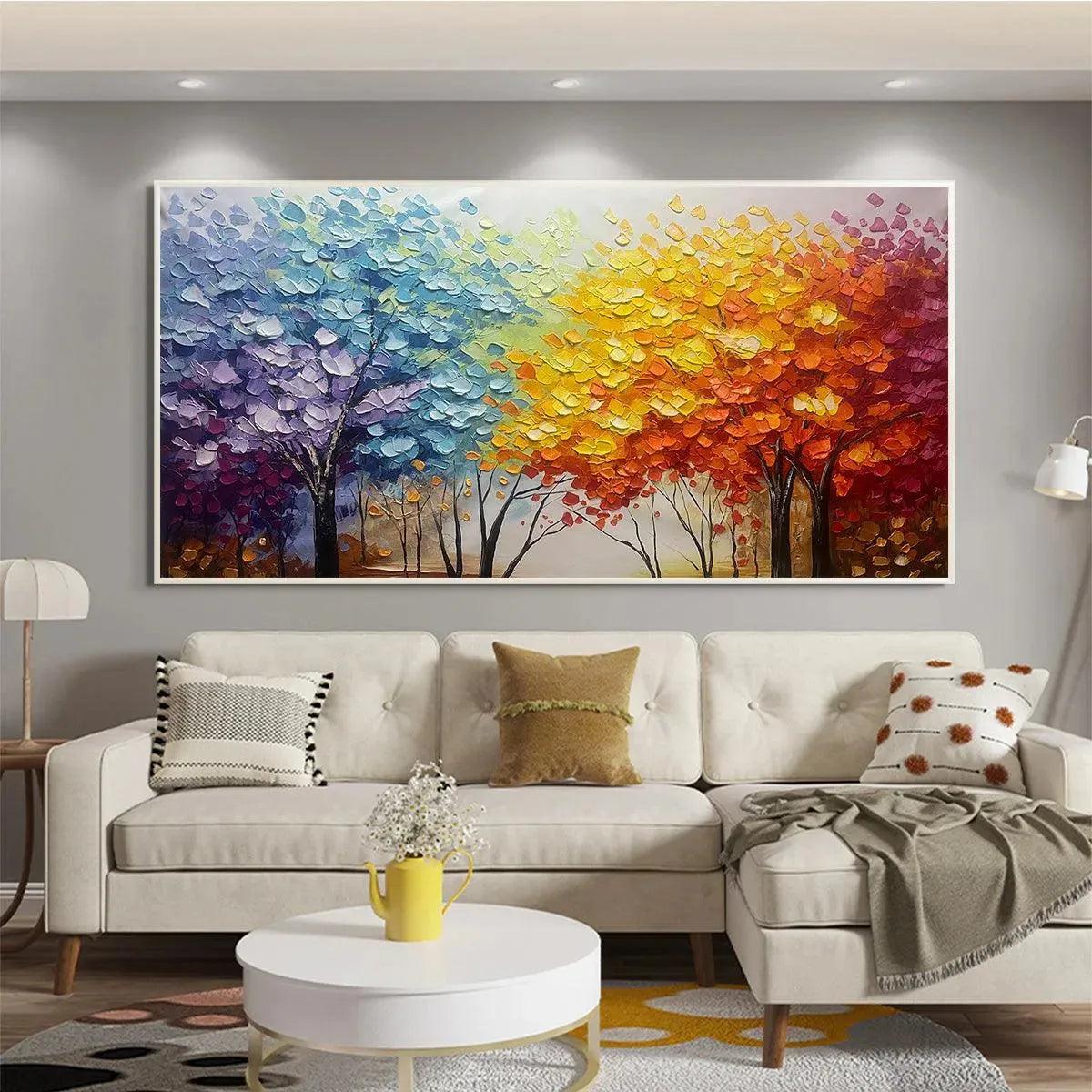 Autumn Rainbow hand-painted crimson, golden yellow, turquoise and violet textured tree painting shown as stretched canvas