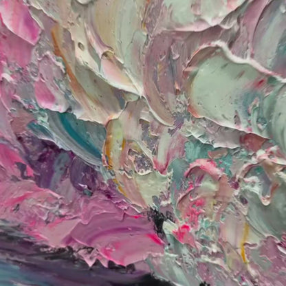 Crystal Crest hand-painted ocean blue, pink and violet textured ocean wave painting shown with silver frame