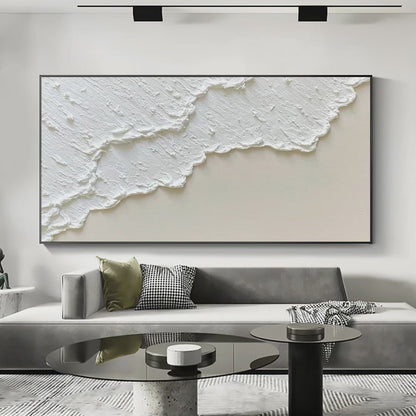 White Wave hand-painted white and beige textured ocean wave painting shown with silver frame