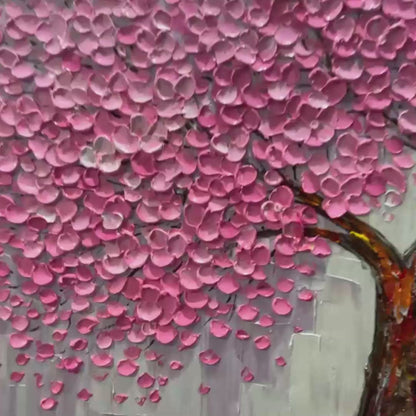 Pink Blossom Abundance hand-painted pink and ivory textured blossom tree painting shown with gold frame