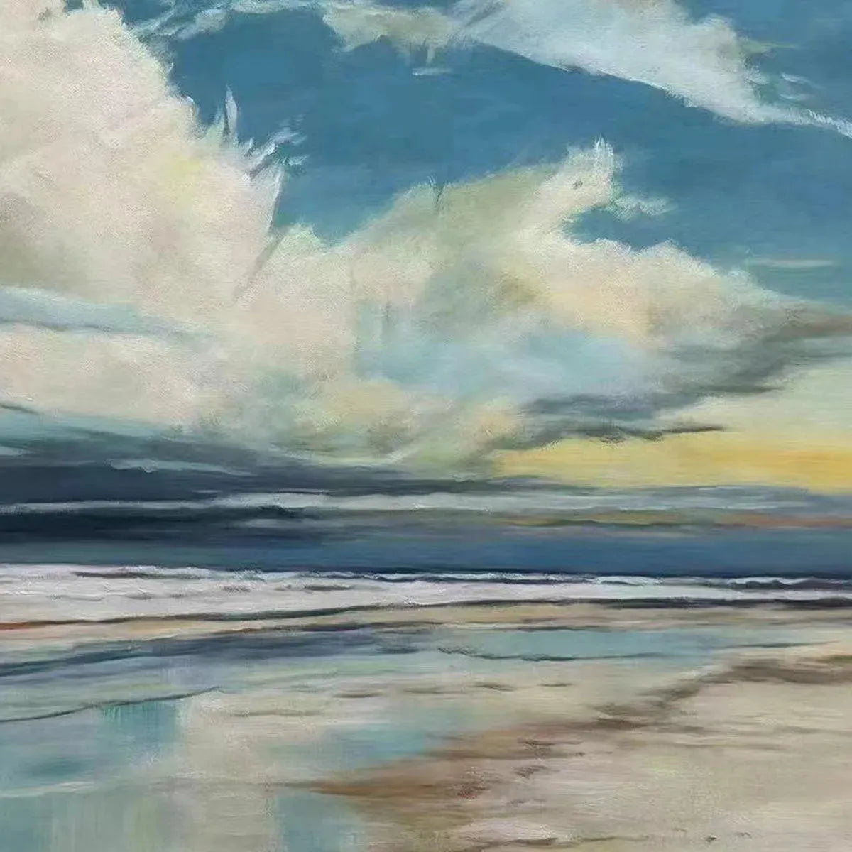 Blue Beachscape hand-painted ocean blue and ivory textured seascape painting shown with gold frame