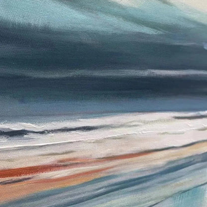 Blue Beachscape hand-painted ocean blue and ivory textured seascape painting shown with black frame