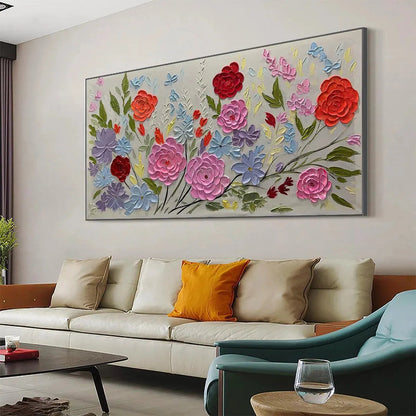 Blue and Pink Floral Oil Painting – Vibrant Garden
