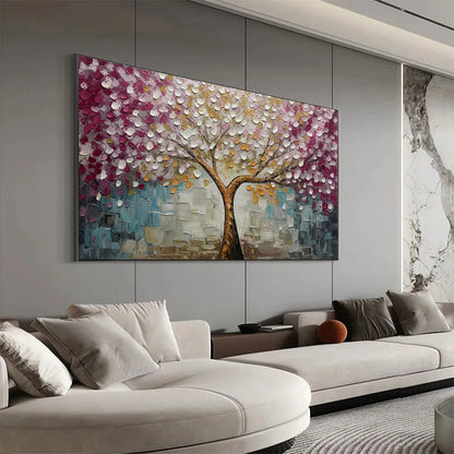 Cherry Blossom Dream hand-painted gold and pink textured blossom tree painting shown with wood frame