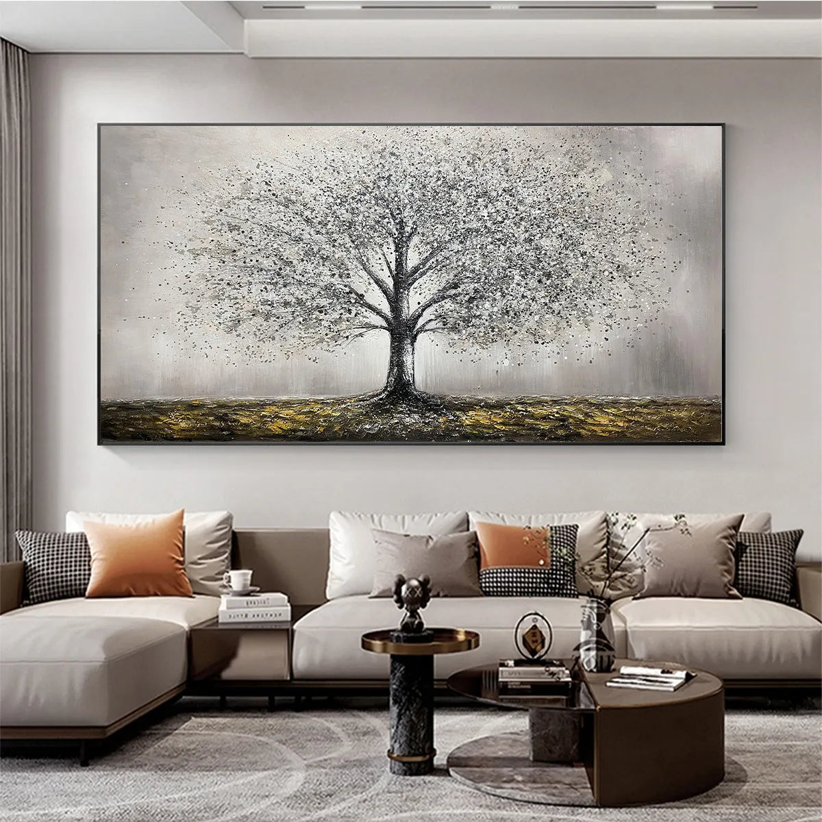 Golden Roots hand-painted gold and ivory textured tree painting rolled canvas option