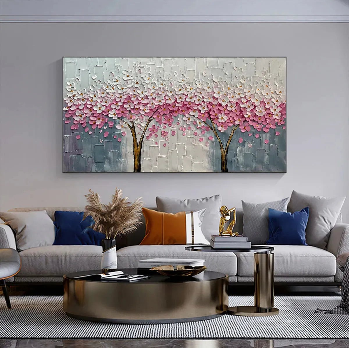 Spring Blossom hand-painted white and pink textured blossom tree painting shown as stretched canvas
