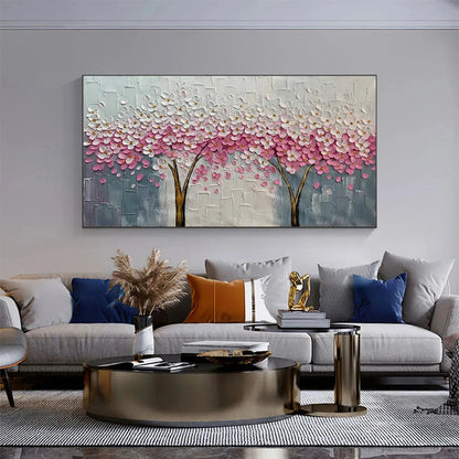 Spring Blossom hand-painted white and pink textured blossom tree painting shown as stretched canvas