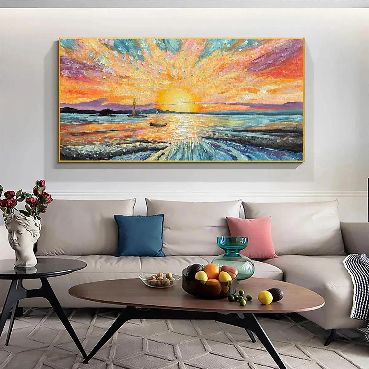 Sailing At Sunset hand-painted ocean blue, ivory and soft neutral tones textured sailboat seascape painting shown as stretched canvas