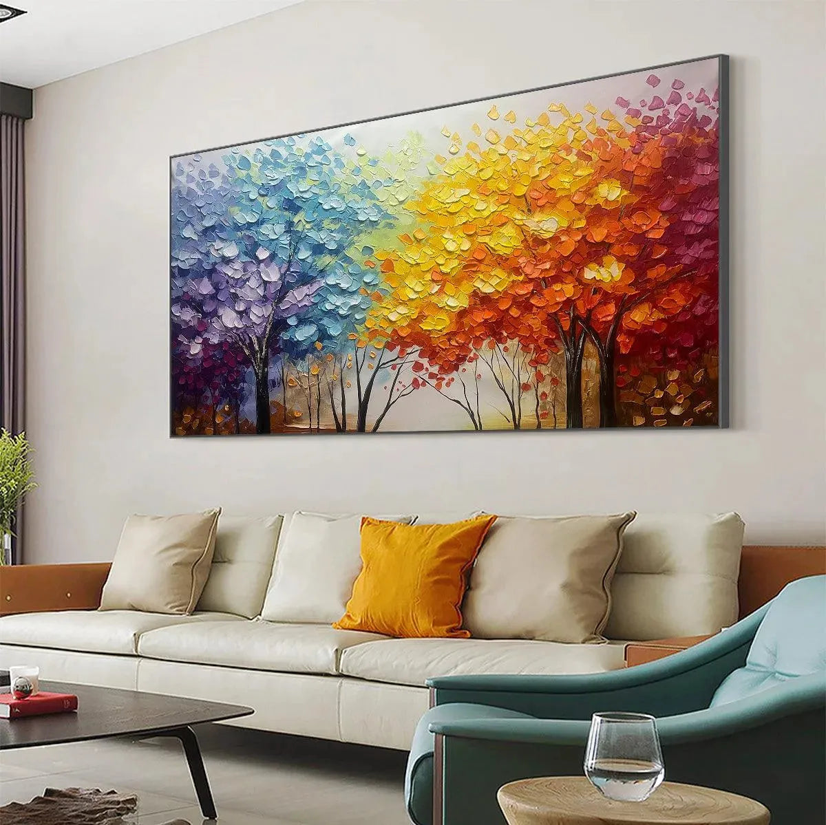 Autumn Rainbow hand-painted crimson, golden yellow, turquoise and violet textured tree painting shown as stretched canvas