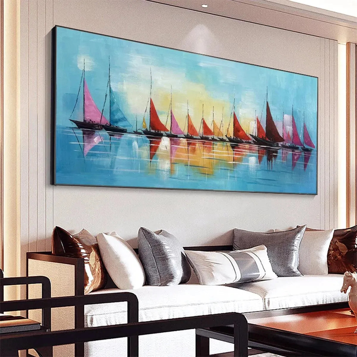 Regatta hand-painted ocean blue and orange textured sailboat seascape painting shown with white frame