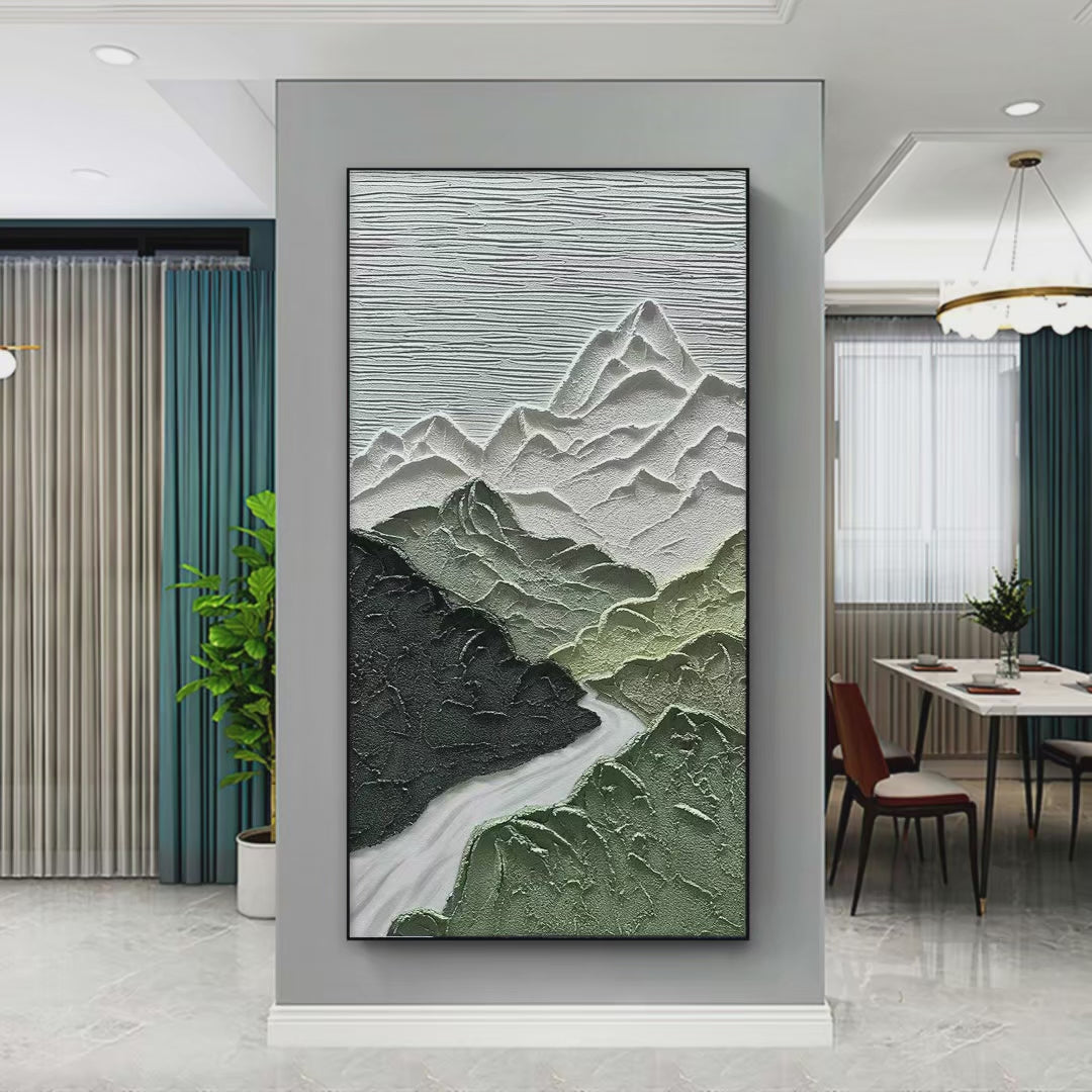 Jade Peak hand-painted white and green textured mountain river landscape painting shown with silver frame