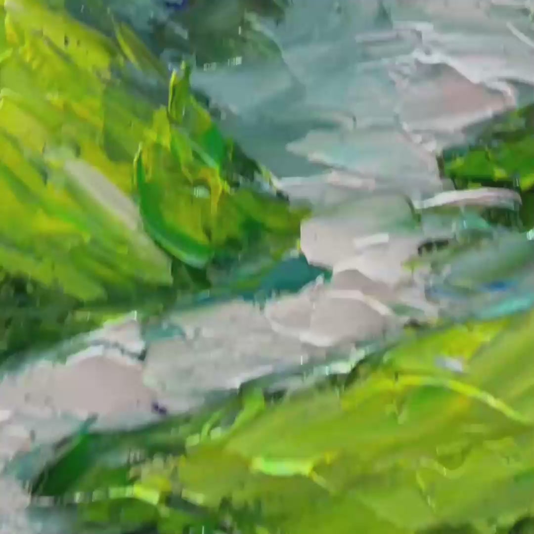 Emerald Valley hand-painted emerald green and ivory textured abstract mountain painting shown with gold frame