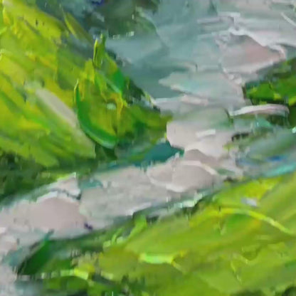 Emerald Valley hand-painted emerald green and ivory textured abstract mountain painting shown with gold frame
