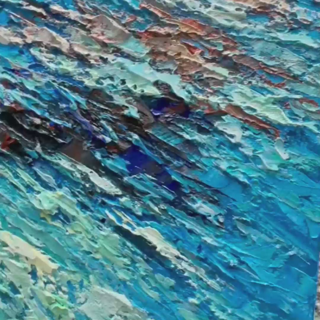 Azure Depths hand-painted azure blue and ivory textured seascape painting shown with gold frame