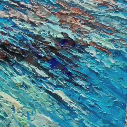 Azure Depths hand-painted azure blue and ivory textured seascape painting shown with gold frame