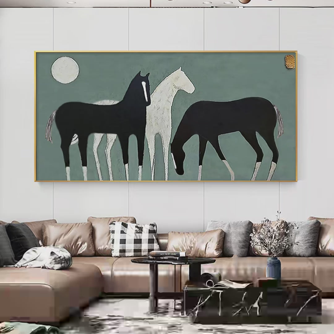 Three Horses Under The Moon – Minimalist Moon Oil Painting, view 4