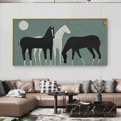 Three Horses Under The Moon – Minimalist Moon Oil Painting, view 4