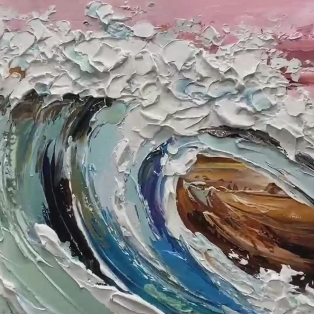 Coral Crest hand-painted ocean blue, coral and pink textured sunset seascape painting shown with gold frame