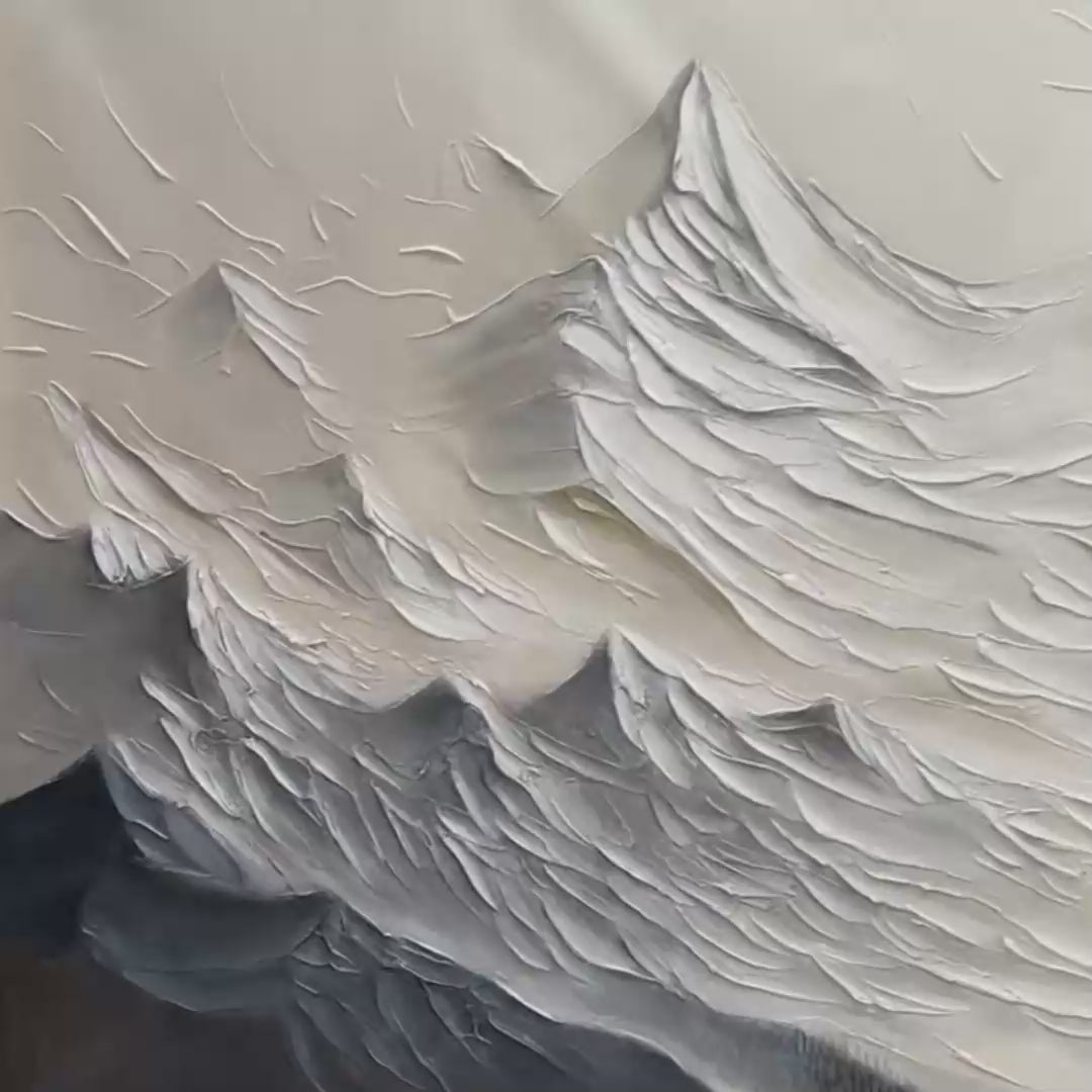 Alpine Majesty hand-painted cream, white and soft grey textured abstract mountain painting shown with gold frame