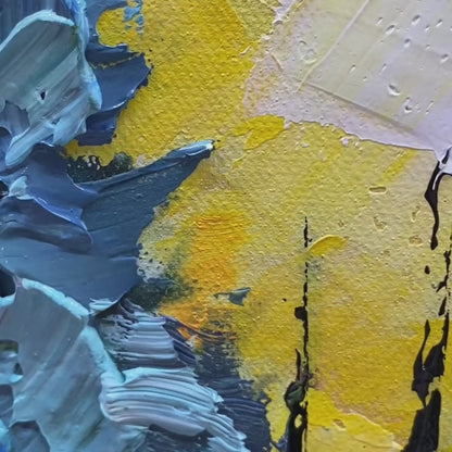 Autumn Symphony hand-painted green, yellow, orange and red textured forest landscape painting shown with silver frame