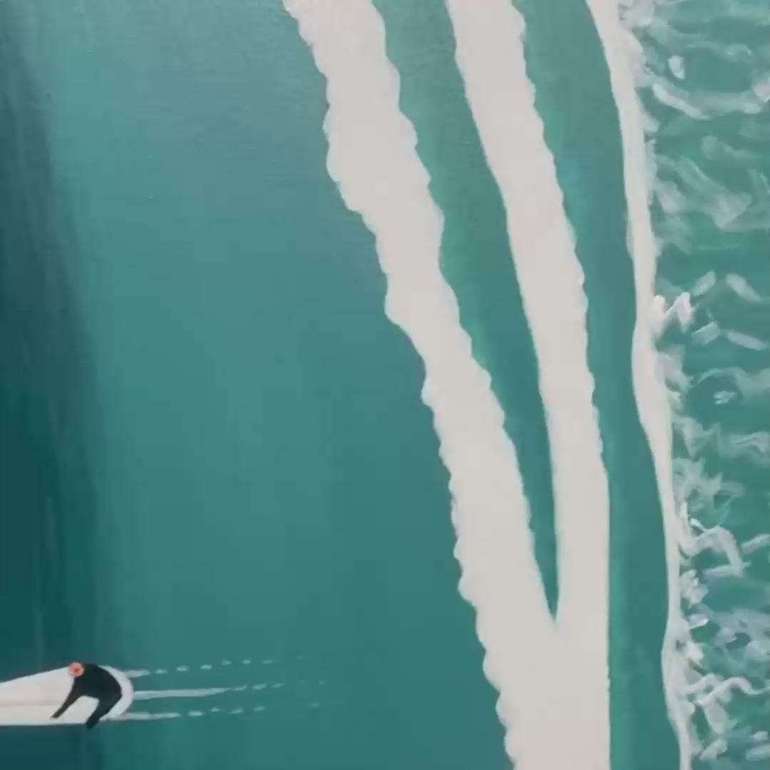 Ocean's Three hand-painted white and teal textured surfer ocean painting shown with gold frame