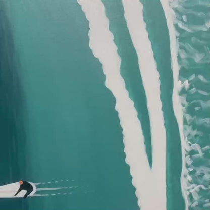 Ocean's Three hand-painted white and teal textured surfer ocean painting shown with gold frame