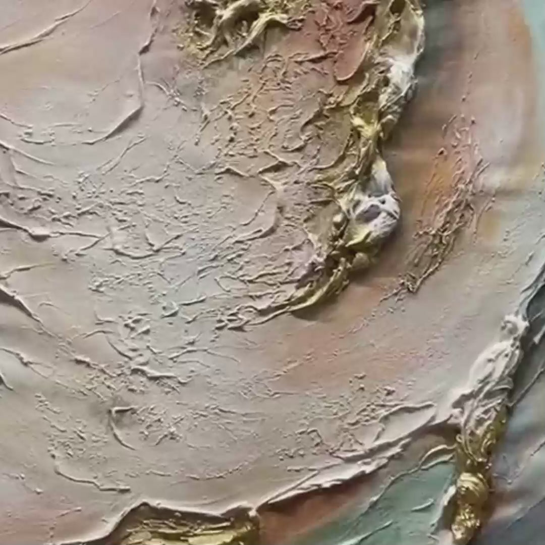 Jade Aurora hand-painted white, green and gold textured coastal abstract painting shown with gold frame