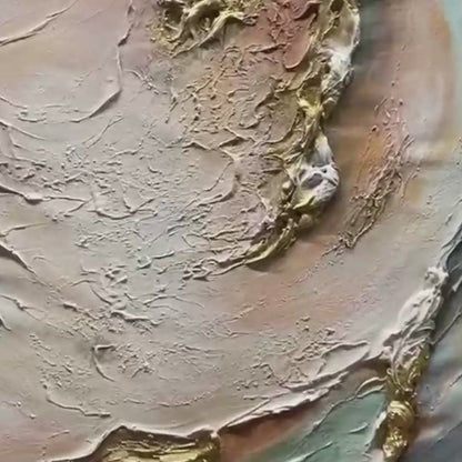 Jade Aurora hand-painted white, green and gold textured coastal abstract painting shown with gold frame