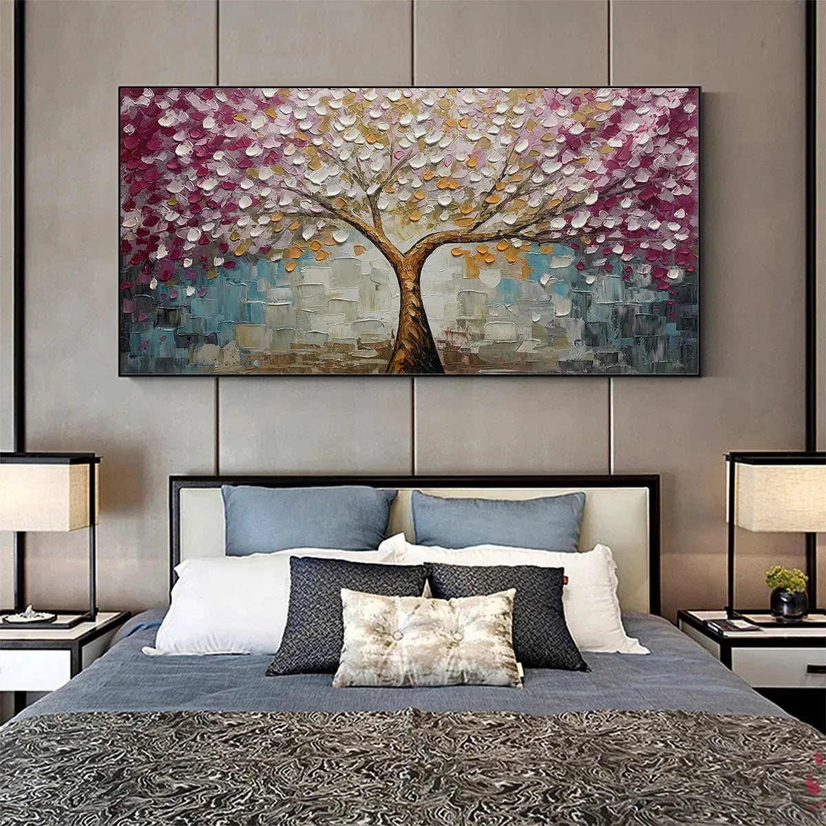 Cherry Blossom Dream hand-painted gold and pink textured blossom tree painting rolled canvas option