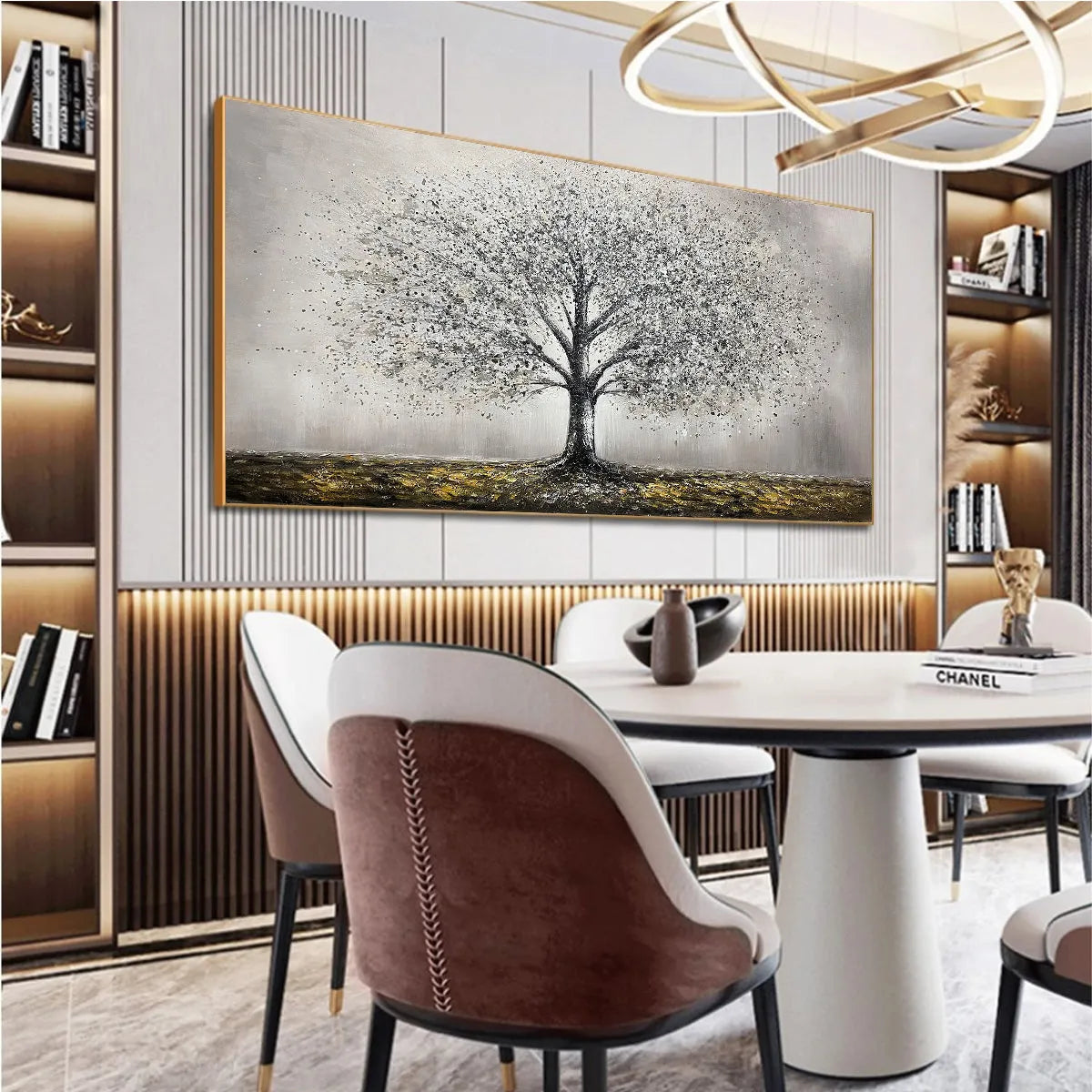 Golden Roots hand-painted gold and ivory textured tree painting shown as stretched canvas
