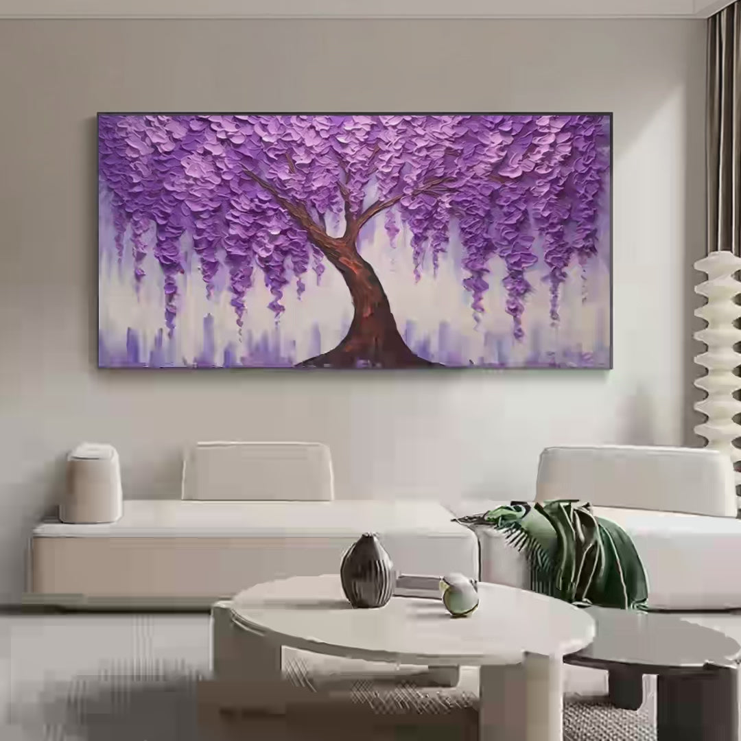 Purple Wisteria hand-painted violet and ivory textured blossom tree painting shown with silver frame
