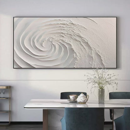 Whirlwind hand-painted white and soft beige textured coastal abstract painting shown with gold frame