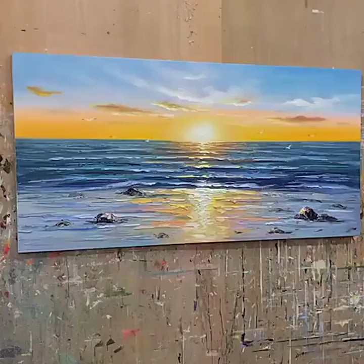Sunkissed Shores hand-painted yellow and orange textured sunset seascape painting shown with gold frame