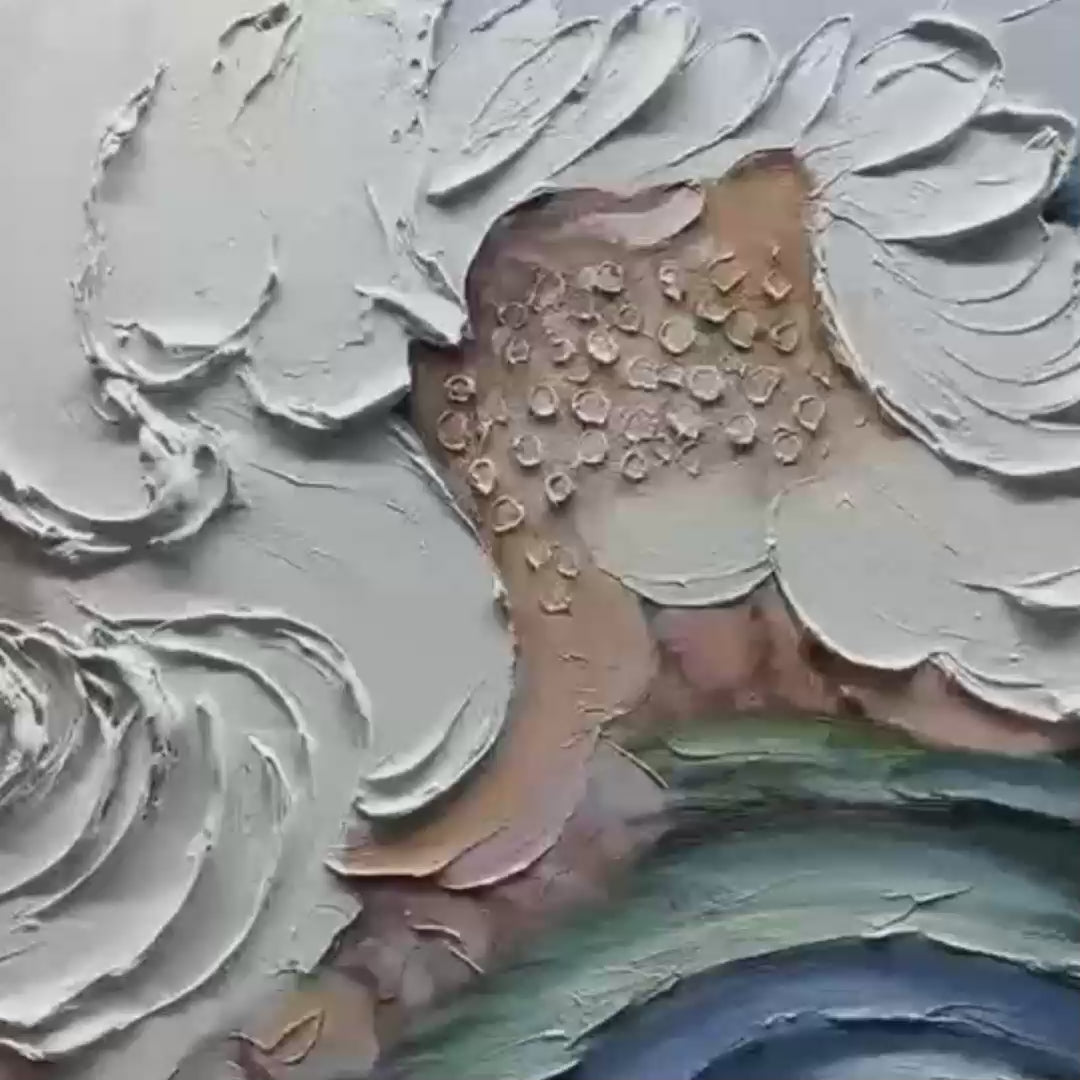 Ocean Whispers hand-painted cream, white and ocean blue textured ocean wave painting shown with gold frame